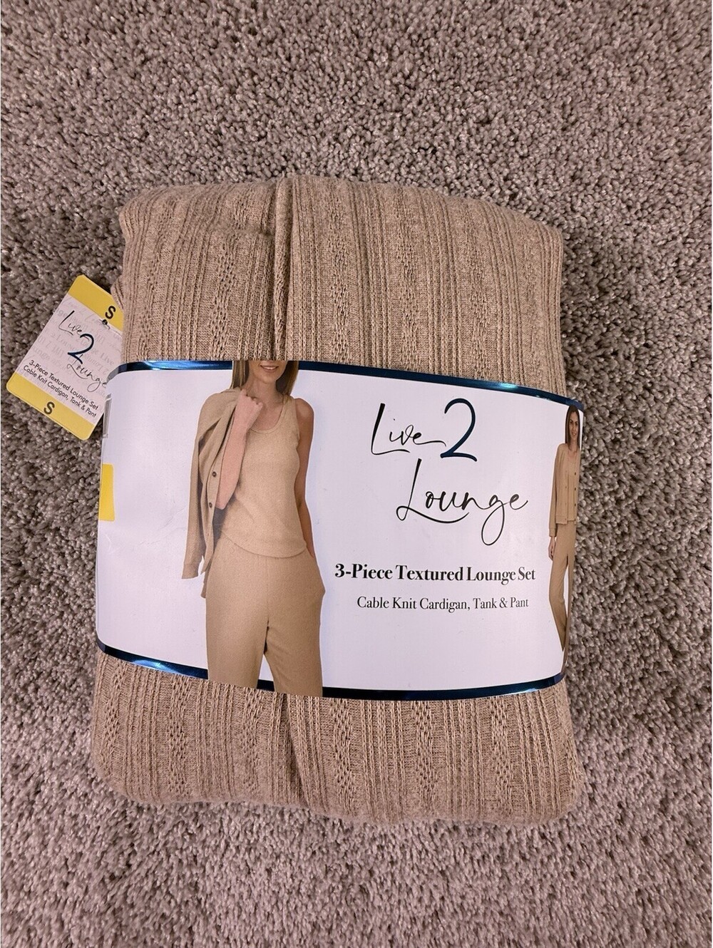 Live 2 Lounge Women's 3-Piece Cable Knit Textured Lounge Set Beige Size S NWT